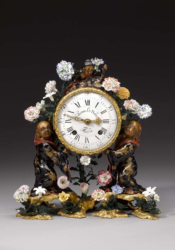 Porcelain-mounted Vernis Martin mantel clock with soft-paste porcelain flowers
